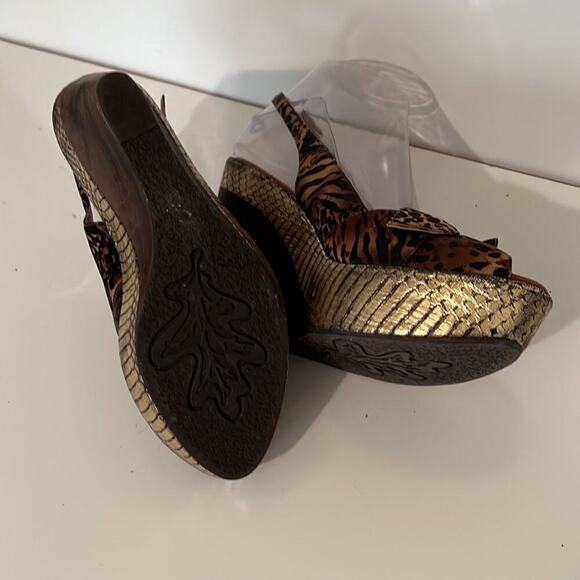 Sam Edelman SZ 7 Wedge Platform Peep Toe Sling Back Animal Print Mob Wife Heels - Picture 6 of 7